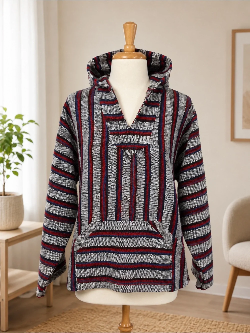 Men's V-Neck Striped Baja Sweater - Gray & Burgundy